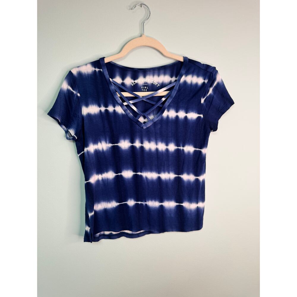 EUC! Aero Seriously Soft Girl Tee Cropped - Blue & White - Small